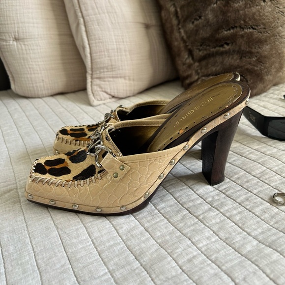 BCBG girls Vtg Y2K square toe beige animal fur clog mule heel slide 8.5 - Picture 3 of 13